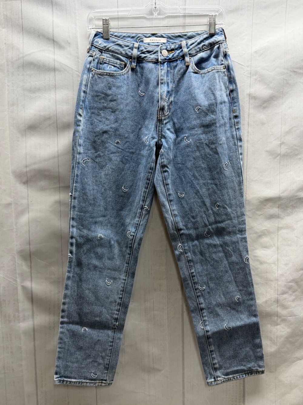 PacSun Light Blue Denim Embroidered Over The Moon High Waist Mom Jeans Size 25